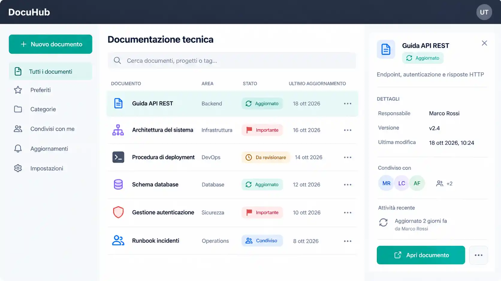 Documentazione tecnica condivisa e dettagli di un documento in DocuHub