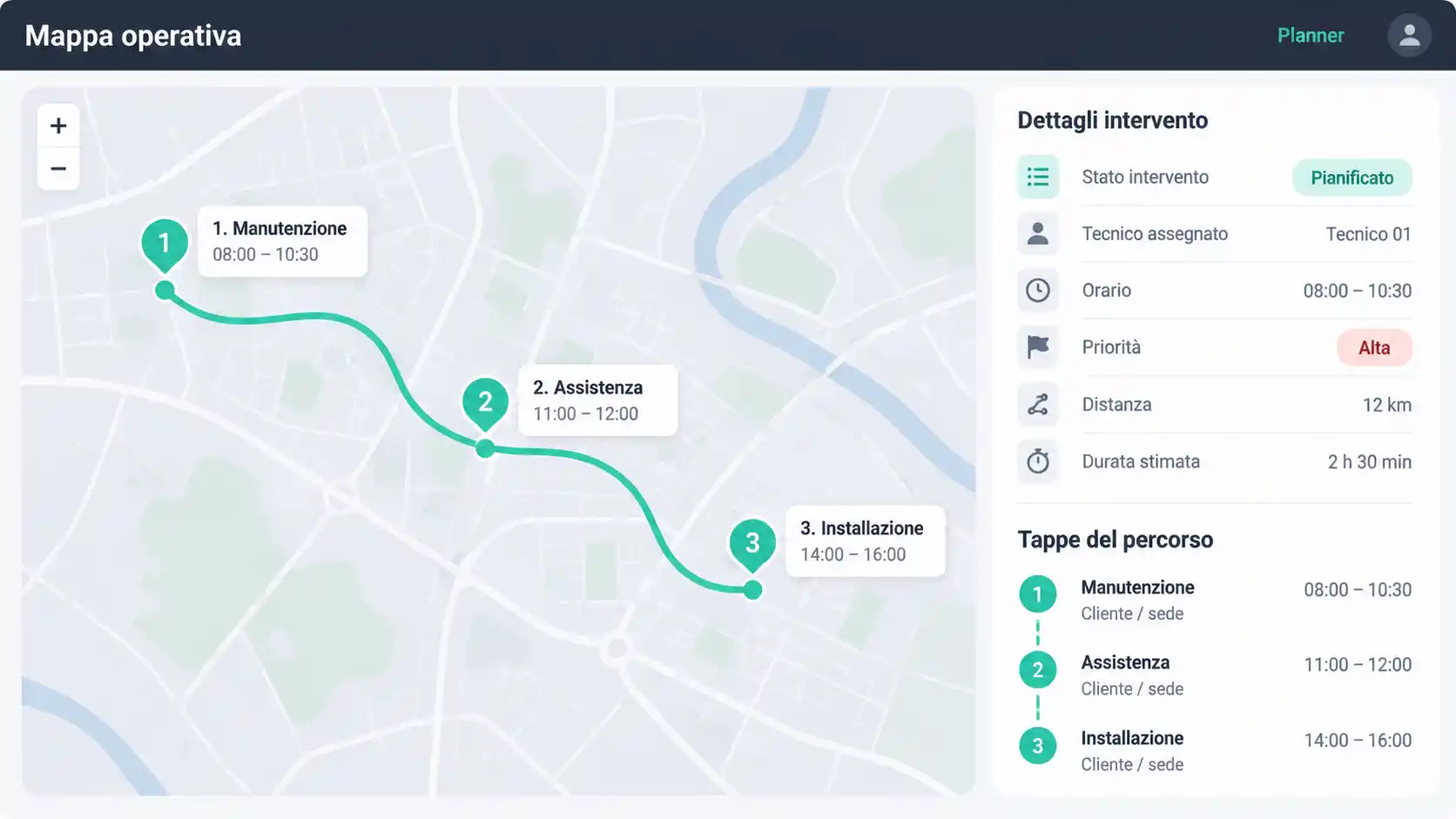 Mappa operativa con percorso del tecnico e dettagli degli interventi