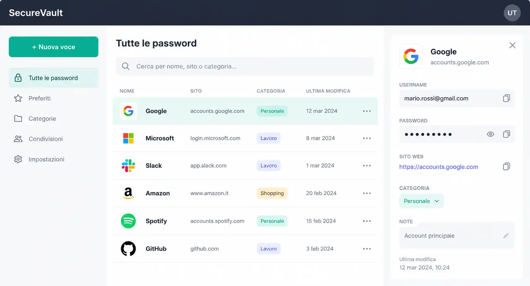 Gestione delle password e dei dettagli di accesso in SecureVault